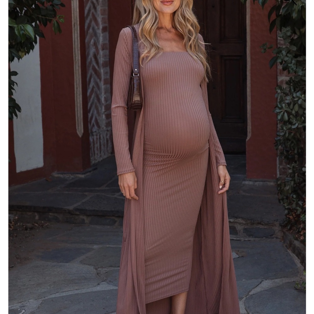 Pinkblush Long Sleeve Ribbed Maternity Dress - Brown